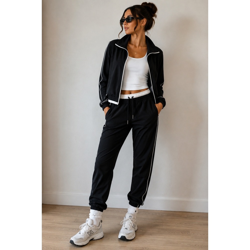 Athleta Black Track Suit Set Zip Up Jacket M & Brooklyn Joggers 10 Piping